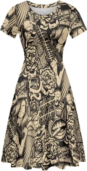 Amzprint Rose Crossbones Skeleton Sugar Skull Halloween Costume Elegant Casual Mini Swing A-Line Tshirt Dress for Women Party