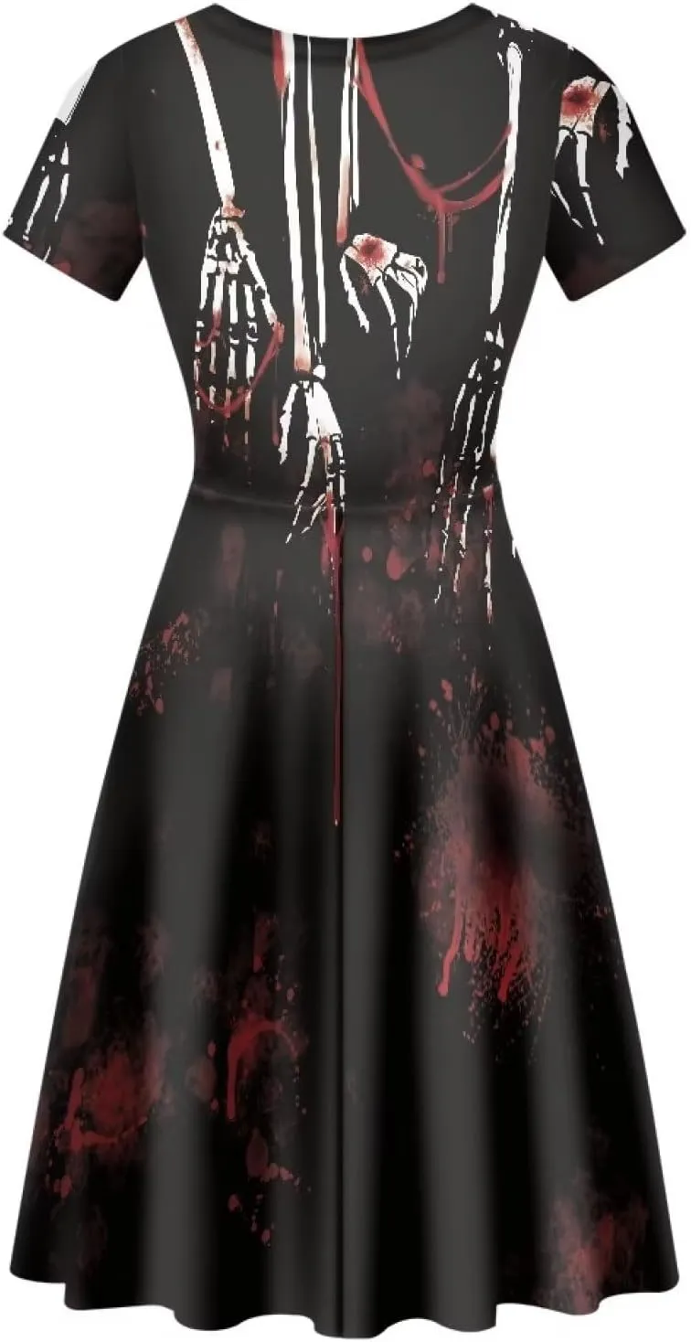 Amzprint Rose Crossbones Skeleton Sugar Skull Halloween Costume Elegant Casual Mini Swing A-Line Tshirt Dress for Women Party