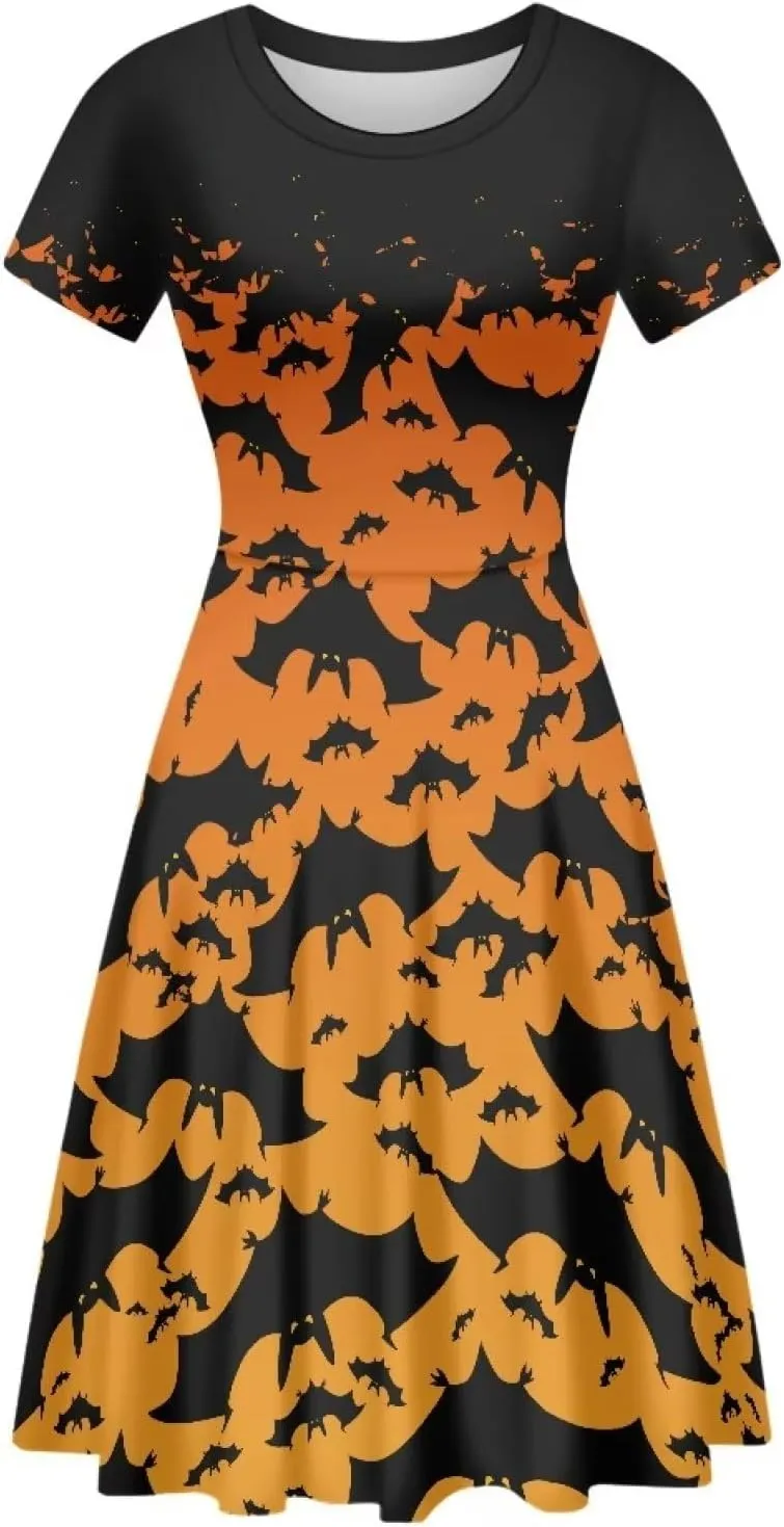 Amzprint Rose Crossbones Skeleton Sugar Skull Halloween Costume Elegant Casual Mini Swing A-Line Tshirt Dress for Women Party