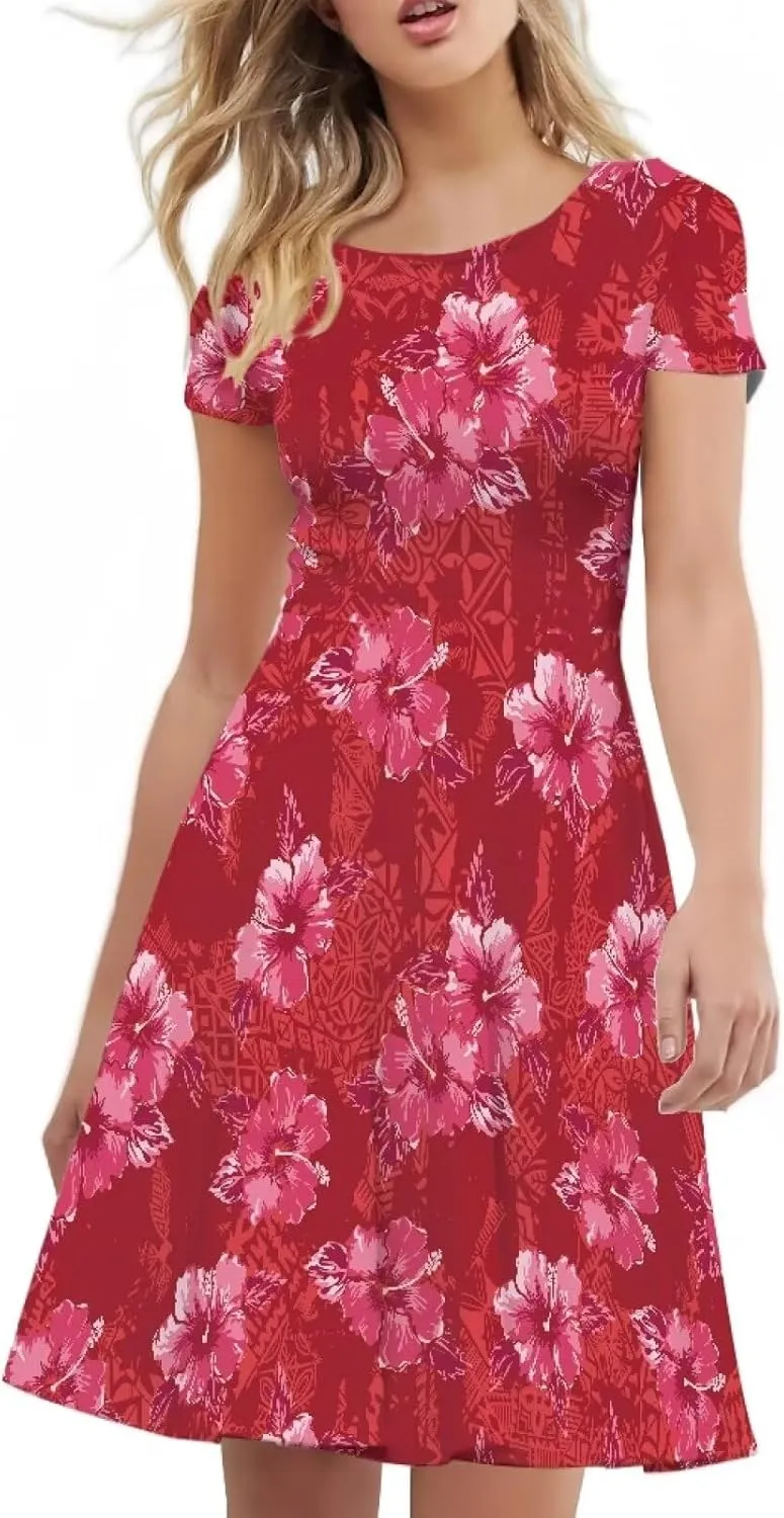 AmzPrint Women's Hawaiian Luau Dress in Hibiscus Elegant Casual Short Mini Swing A-Line Party Floral Dress for Wedding Guest