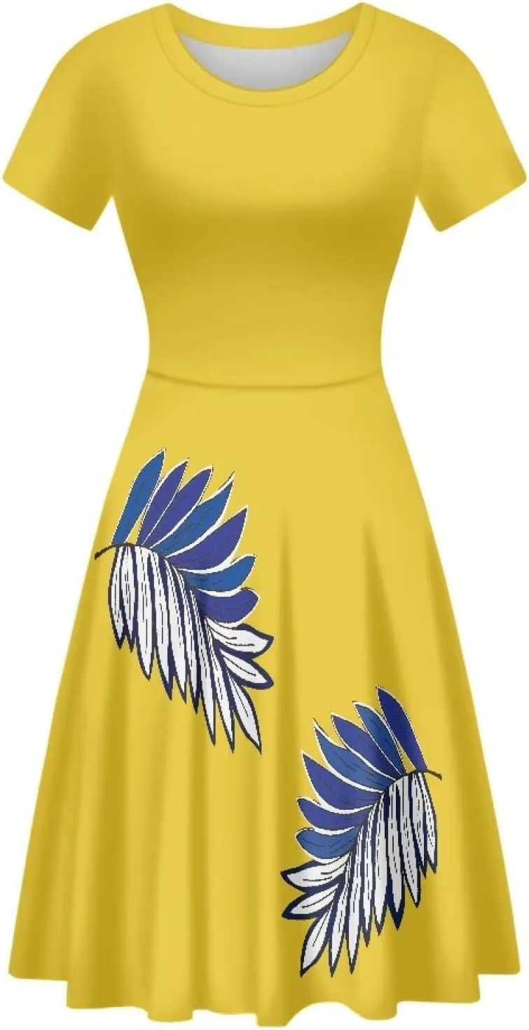 AmzPrint Women's Hawaiian Luau Dress in Hibiscus Elegant Casual Short Mini Swing A-Line Party Floral Dress for Wedding Guest
