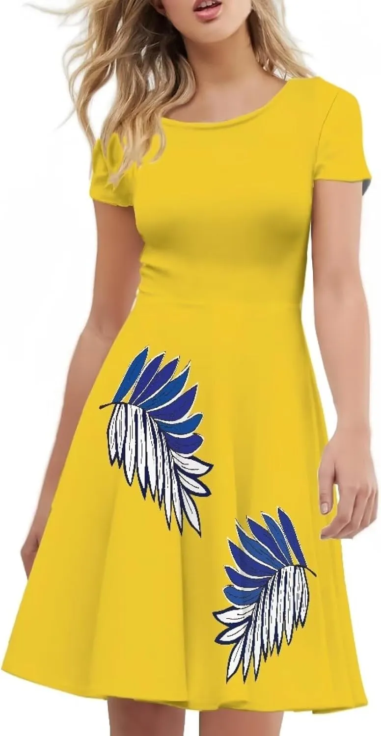 AmzPrint Women's Hawaiian Luau Dress in Hibiscus Elegant Casual Short Mini Swing A-Line Party Floral Dress for Wedding Guest