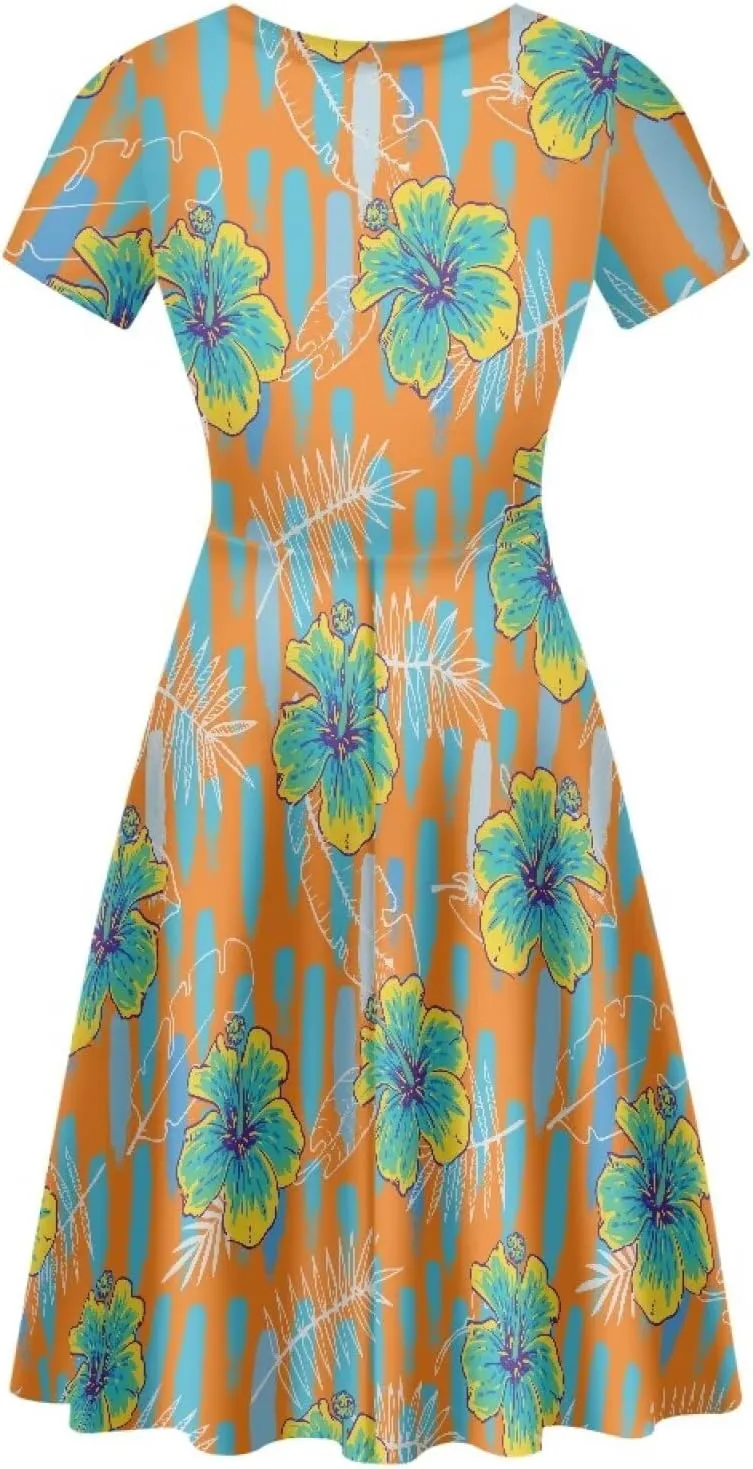 AmzPrint Women's Hawaiian Luau Dress in Hibiscus Elegant Casual Short Mini Swing A-Line Party Floral Dress for Wedding Guest