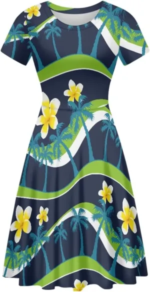 AmzPrint Women's Hawaiian Luau Dress in Hibiscus Elegant Casual Short Mini Swing A-Line Party Floral Dress for Wedding Guest