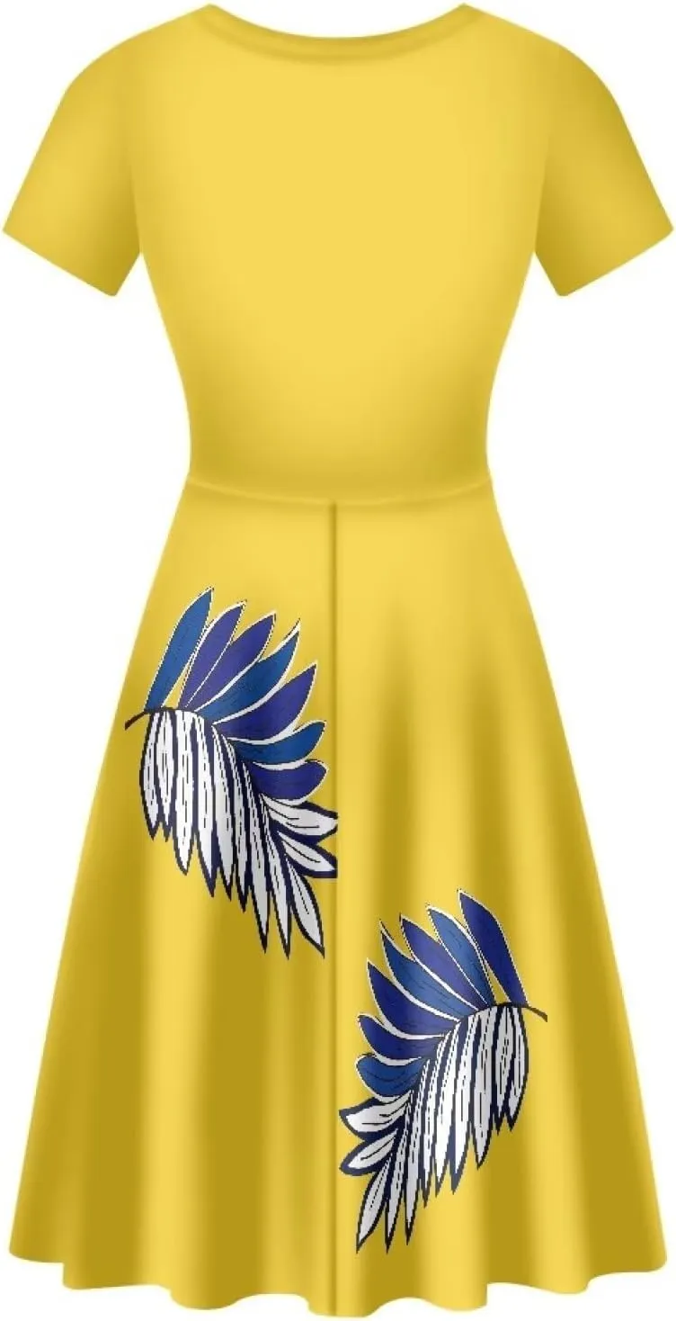 AmzPrint Women's Hawaiian Luau Dress in Hibiscus Elegant Casual Short Mini Swing A-Line Party Floral Dress for Wedding Guest