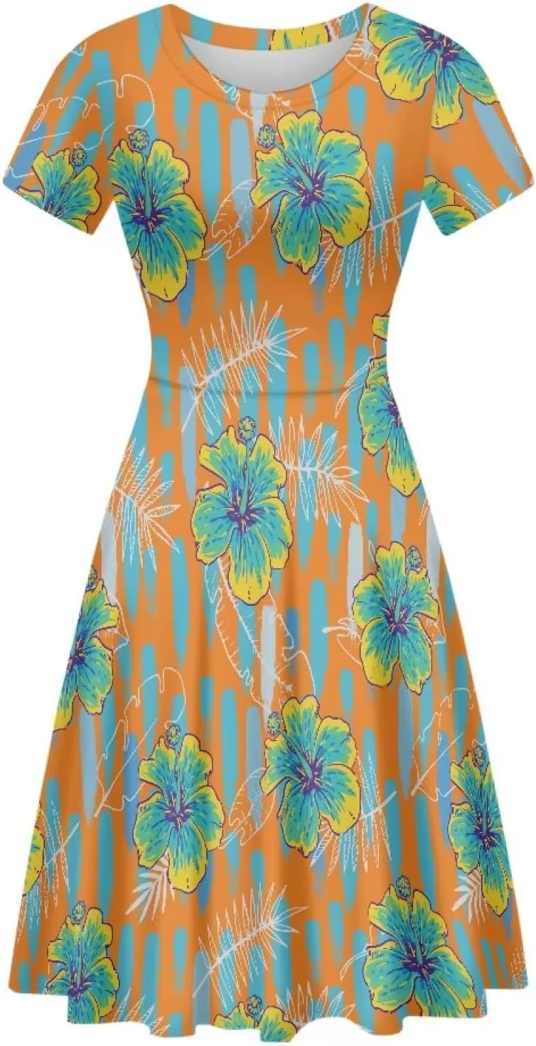 AmzPrint Women's Hawaiian Luau Dress in Hibiscus Elegant Casual Short Mini Swing A-Line Party Floral Dress for Wedding Guest