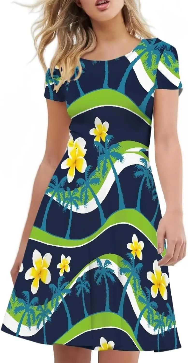 AmzPrint Women's Hawaiian Luau Dress in Hibiscus Elegant Casual Short Mini Swing A-Line Party Floral Dress for Wedding Guest
