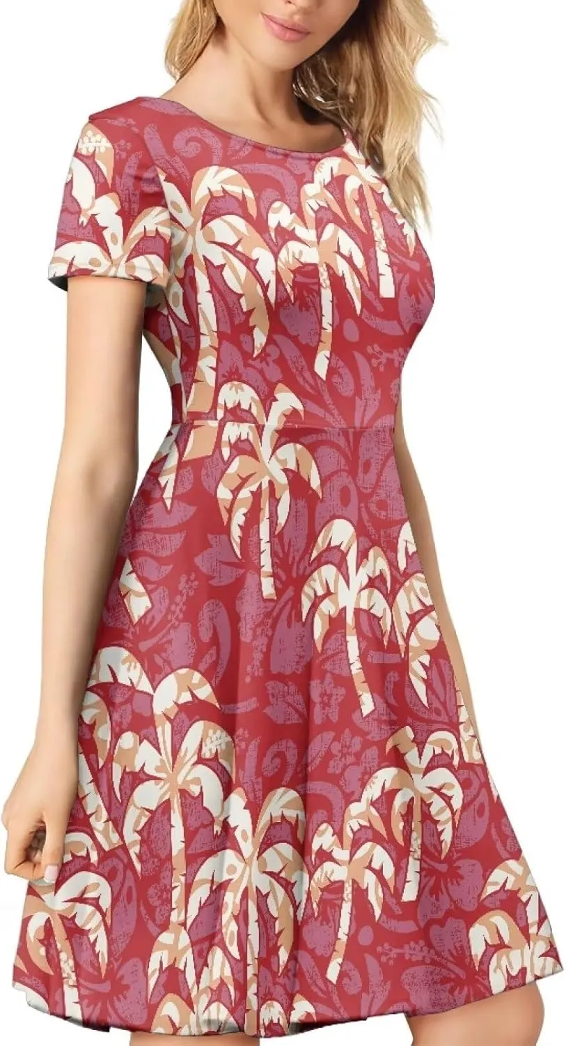 AmzPrint Women's Hawaiian Luau Dress in Hibiscus Elegant Casual Short Mini Swing A-Line Party Floral Dress for Wedding Guest