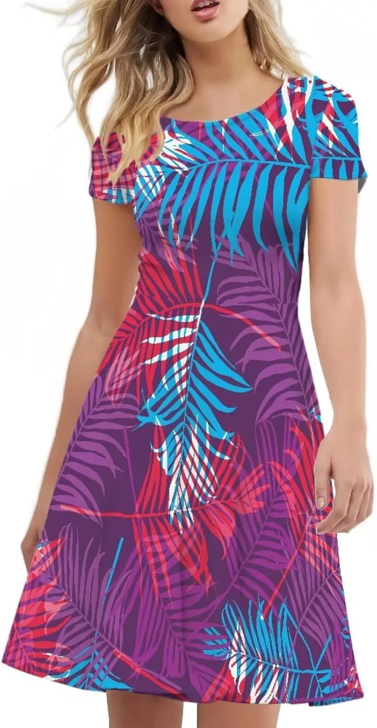 AmzPrint Women's Hawaiian Luau Dress in Hibiscus Elegant Casual Short Mini Swing A-Line Party Floral Dress for Wedding Guest