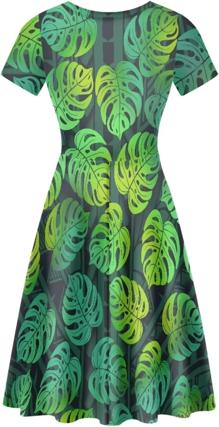 AmzPrint Women's Hawaiian Luau Dress in Hibiscus Elegant Casual Short Mini Swing A-Line Party Floral Dress for Wedding Guest
