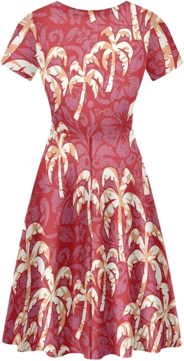 AmzPrint Women's Hawaiian Luau Dress in Hibiscus Elegant Casual Short Mini Swing A-Line Party Floral Dress for Wedding Guest