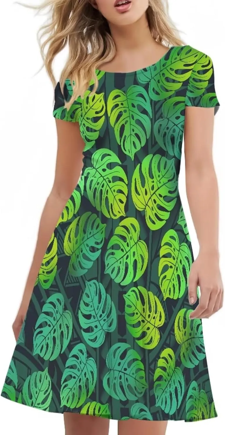 AmzPrint Women's Hawaiian Luau Dress in Hibiscus Elegant Casual Short Mini Swing A-Line Party Floral Dress for Wedding Guest