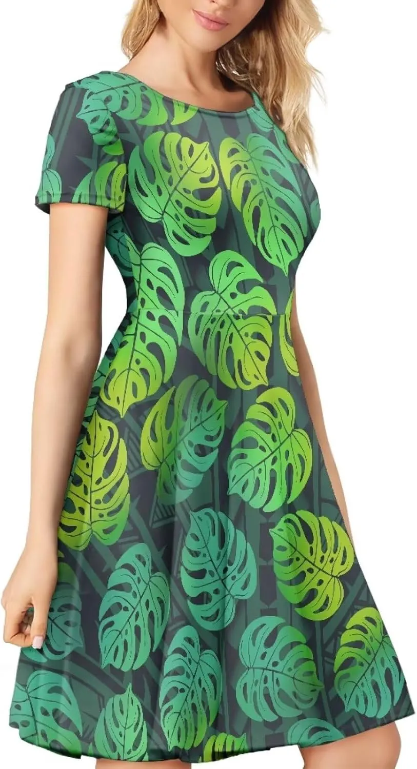 AmzPrint Women's Hawaiian Luau Dress in Hibiscus Elegant Casual Short Mini Swing A-Line Party Floral Dress for Wedding Guest