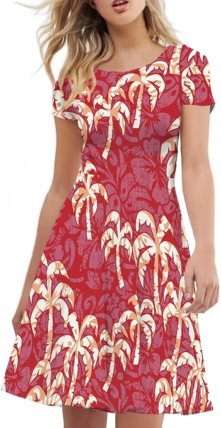 AmzPrint Women's Hawaiian Luau Dress in Hibiscus Elegant Casual Short Mini Swing A-Line Party Floral Dress for Wedding Guest