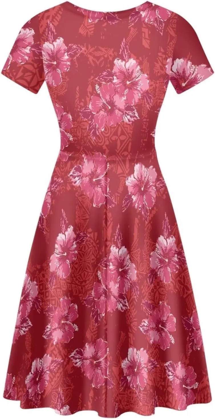 AmzPrint Women's Hawaiian Luau Dress in Hibiscus Elegant Casual Short Mini Swing A-Line Party Floral Dress for Wedding Guest