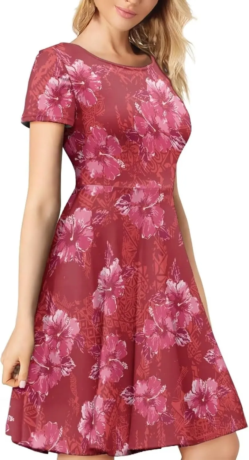 AmzPrint Women's Hawaiian Luau Dress in Hibiscus Elegant Casual Short Mini Swing A-Line Party Floral Dress for Wedding Guest