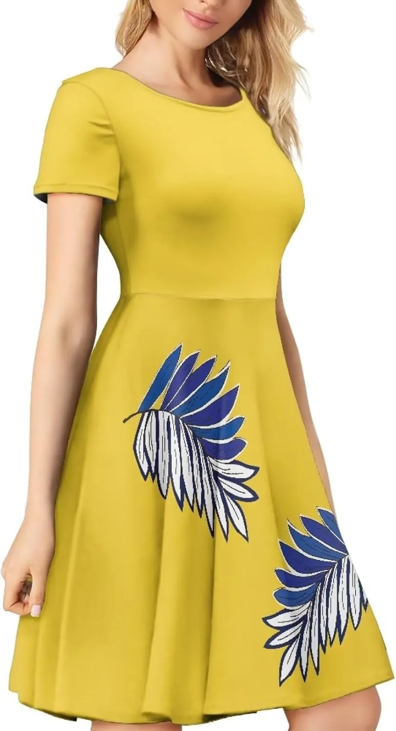 AmzPrint Women's Hawaiian Luau Dress in Hibiscus Elegant Casual Short Mini Swing A-Line Party Floral Dress for Wedding Guest