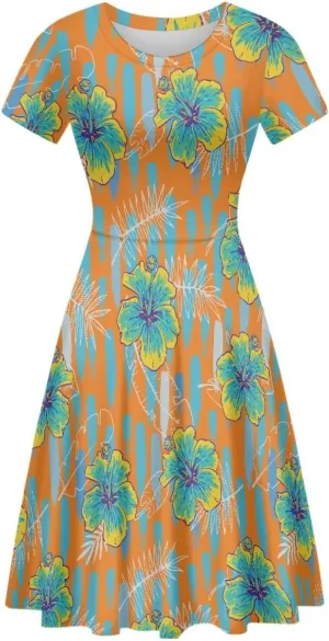 AmzPrint Women's Hawaiian Luau Dress in Hibiscus Elegant Casual Short Mini Swing A-Line Party Floral Dress for Wedding Guest