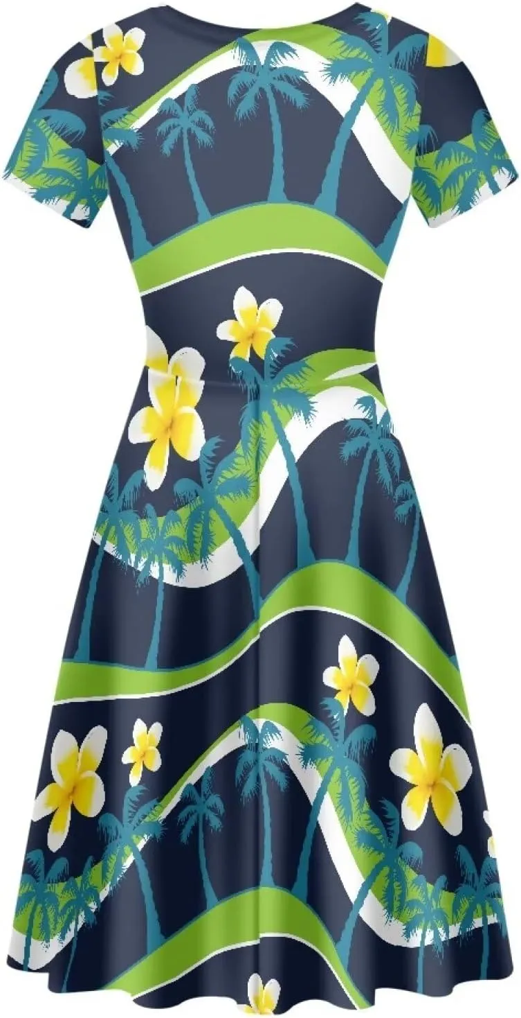 AmzPrint Women's Hawaiian Luau Dress in Hibiscus Elegant Casual Short Mini Swing A-Line Party Floral Dress for Wedding Guest
