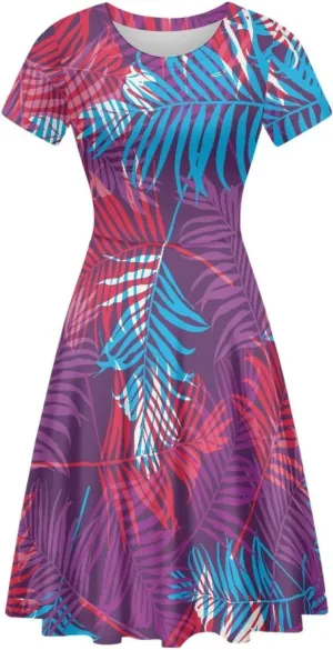 AmzPrint Women's Hawaiian Luau Dress in Hibiscus Elegant Casual Short Mini Swing A-Line Party Floral Dress for Wedding Guest