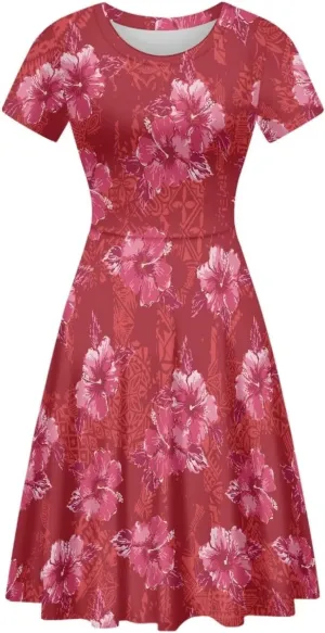 AmzPrint Women's Hawaiian Luau Dress in Hibiscus Elegant Casual Short Mini Swing A-Line Party Floral Dress for Wedding Guest