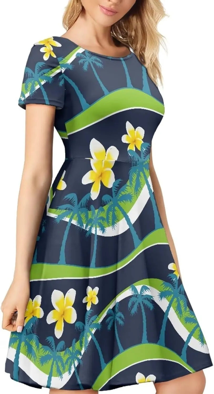 AmzPrint Women's Hawaiian Luau Dress in Hibiscus Elegant Casual Short Mini Swing A-Line Party Floral Dress for Wedding Guest