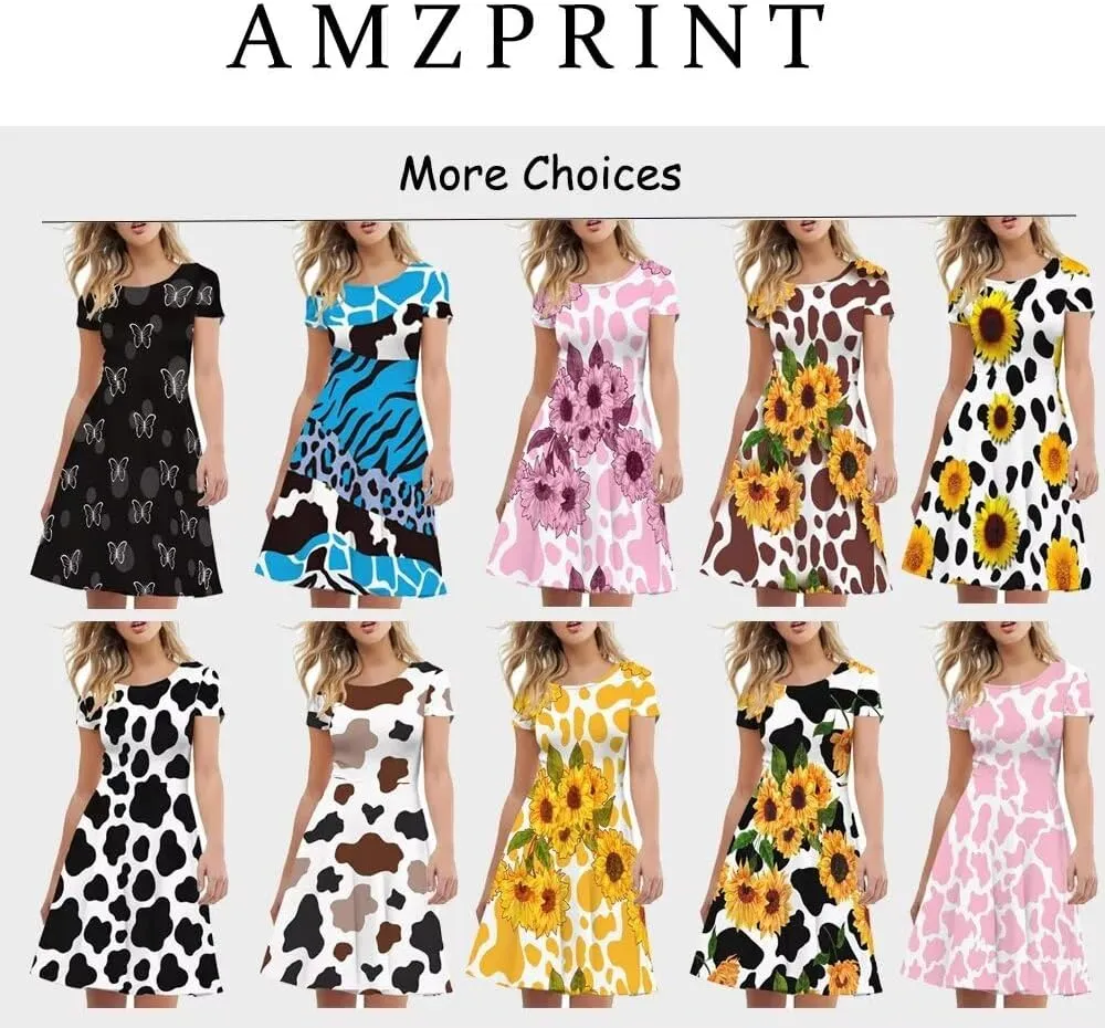 AmzPrint Women's Hawaiian Luau Dress in Hibiscus Elegant Casual Short Mini Swing A-Line Party Floral Dress for Wedding Guest