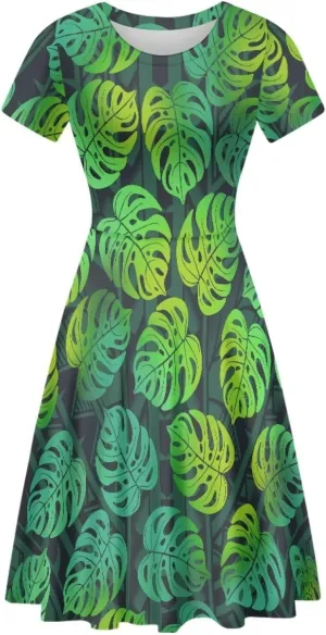 AmzPrint Women's Hawaiian Luau Dress in Hibiscus Elegant Casual Short Mini Swing A-Line Party Floral Dress for Wedding Guest