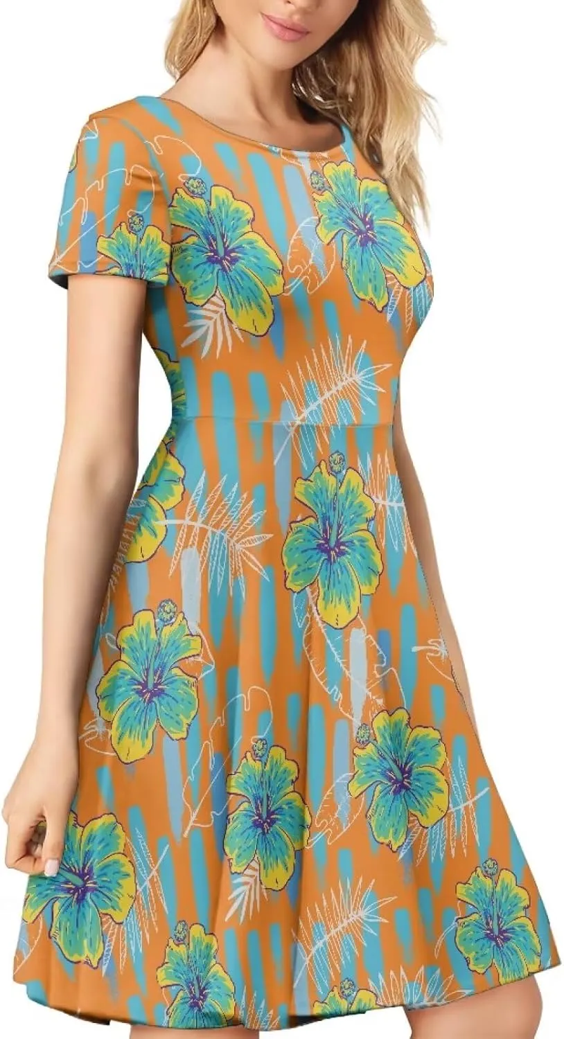 AmzPrint Women's Hawaiian Luau Dress in Hibiscus Elegant Casual Short Mini Swing A-Line Party Floral Dress for Wedding Guest