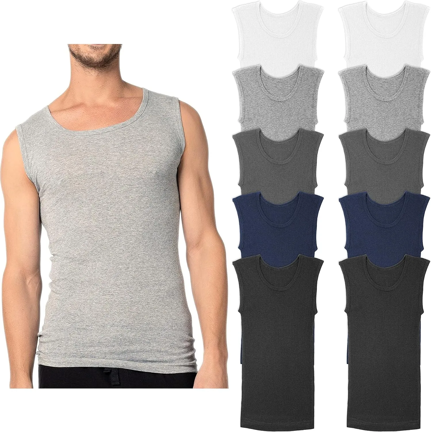 Andrew Scott Men's 10-Pack Color Muscle Tanks | Sleeveless Crew Workout Tank Top Cotton Undershirts