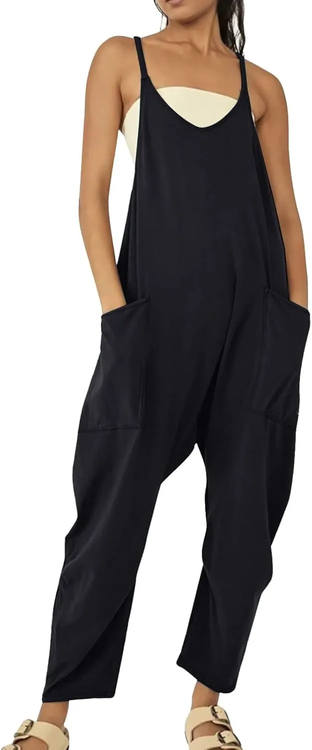 Aniywn Spaghetti Strap Overalls Long Harem Pants Romper Casual Loose Sleeveless Rompers Baggy Overalls Jumpers with Pockets