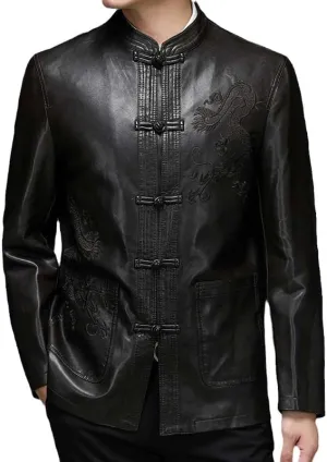 Aoleaky Chinese Style Men's Leather Coat Men Clothing Loose Embroidery Coatstang Suit Chinoiserie Jackets Outerwear
