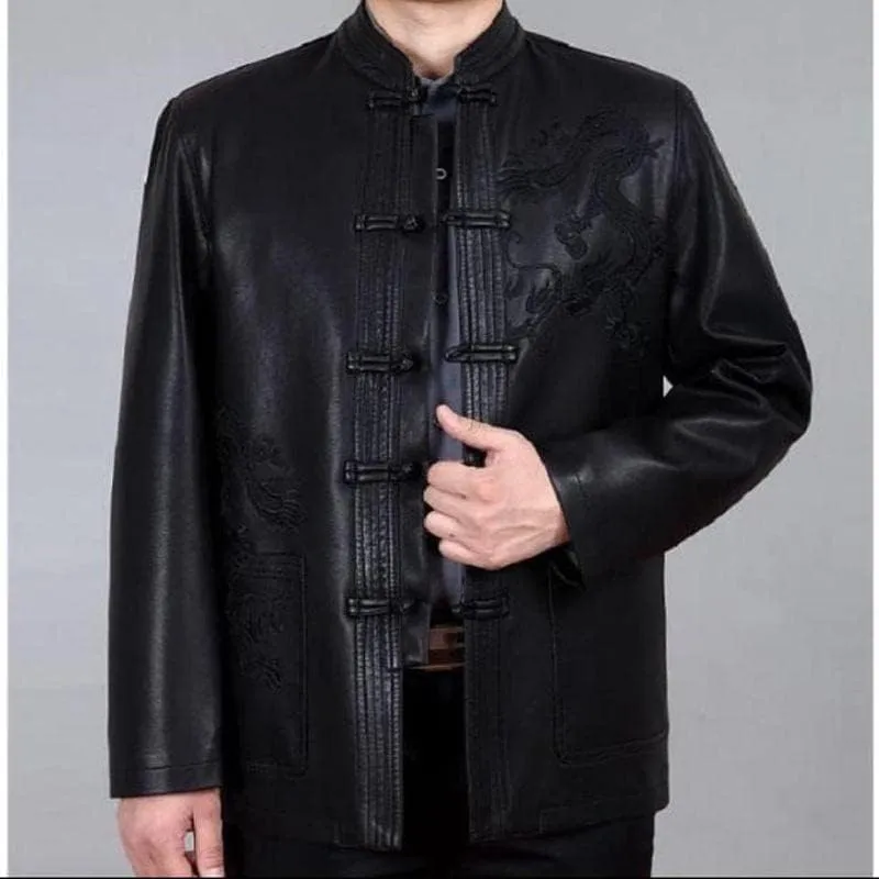 Aoleaky Chinese Style Men's Leather Coat Men Clothing Loose Embroidery Coatstang Suit Chinoiserie Jackets Outerwear