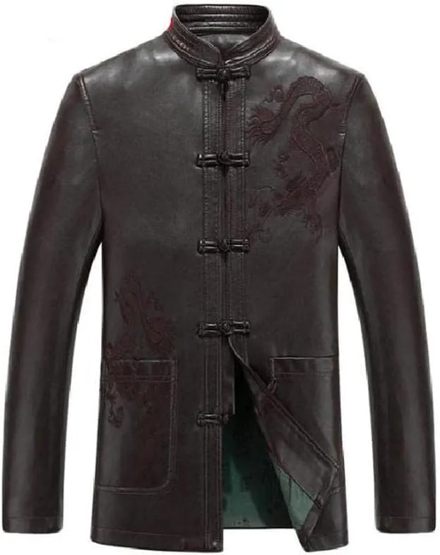Aoleaky Chinese Style Men's Leather Coat Men Clothing Loose Embroidery Coatstang Suit Chinoiserie Jackets Outerwear