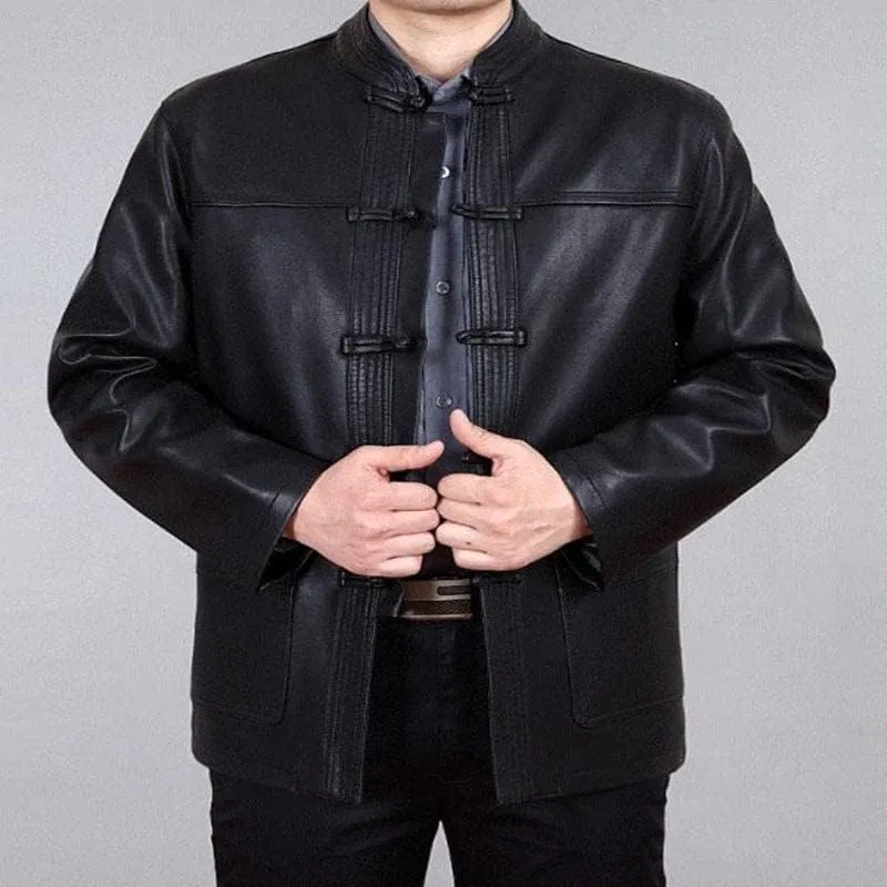 Aoleaky Chinese Style Men's Leather Coat Men Clothing Loose Embroidery Coatstang Suit Chinoiserie Jackets Outerwear