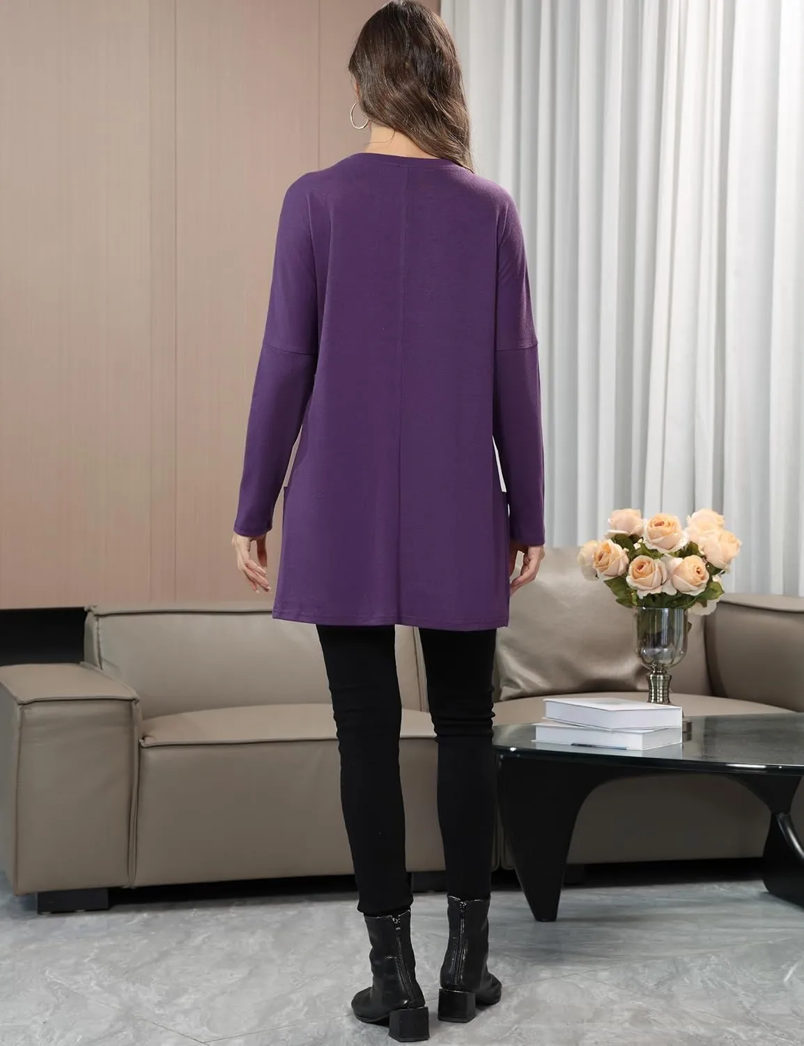 Aphratti Womens Long Sleeve Tunic Tops to Wear with Leggings Casual Long Shirts with Pockets