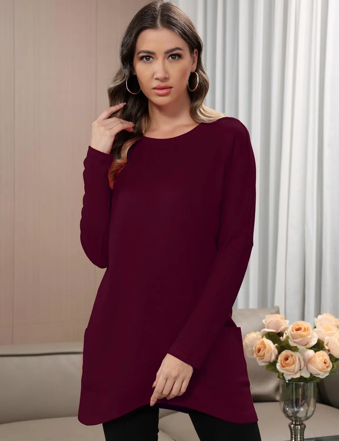Aphratti Womens Long Sleeve Tunic Tops to Wear with Leggings Casual Long Shirts with Pockets