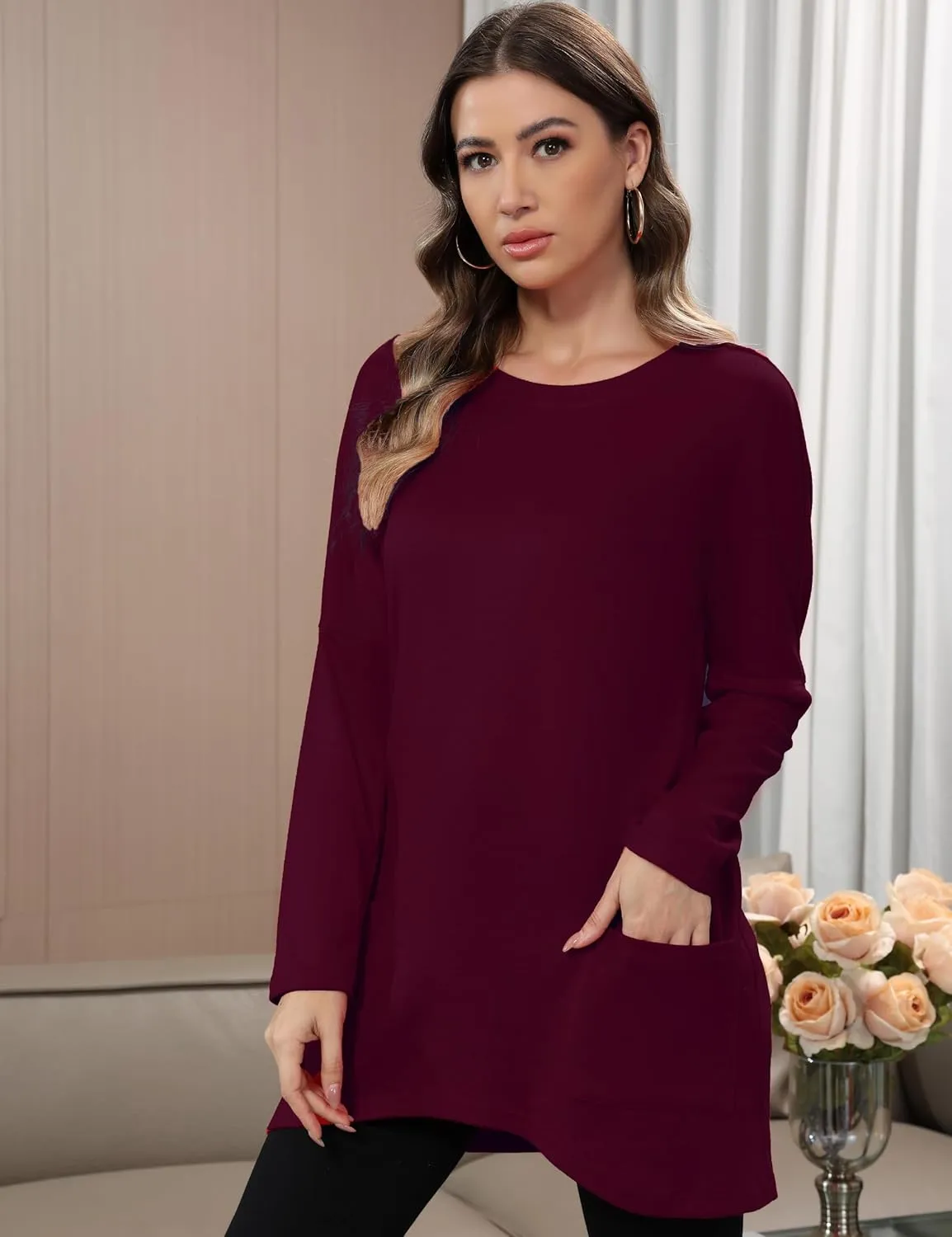 Aphratti Womens Long Sleeve Tunic Tops to Wear with Leggings Casual Long Shirts with Pockets