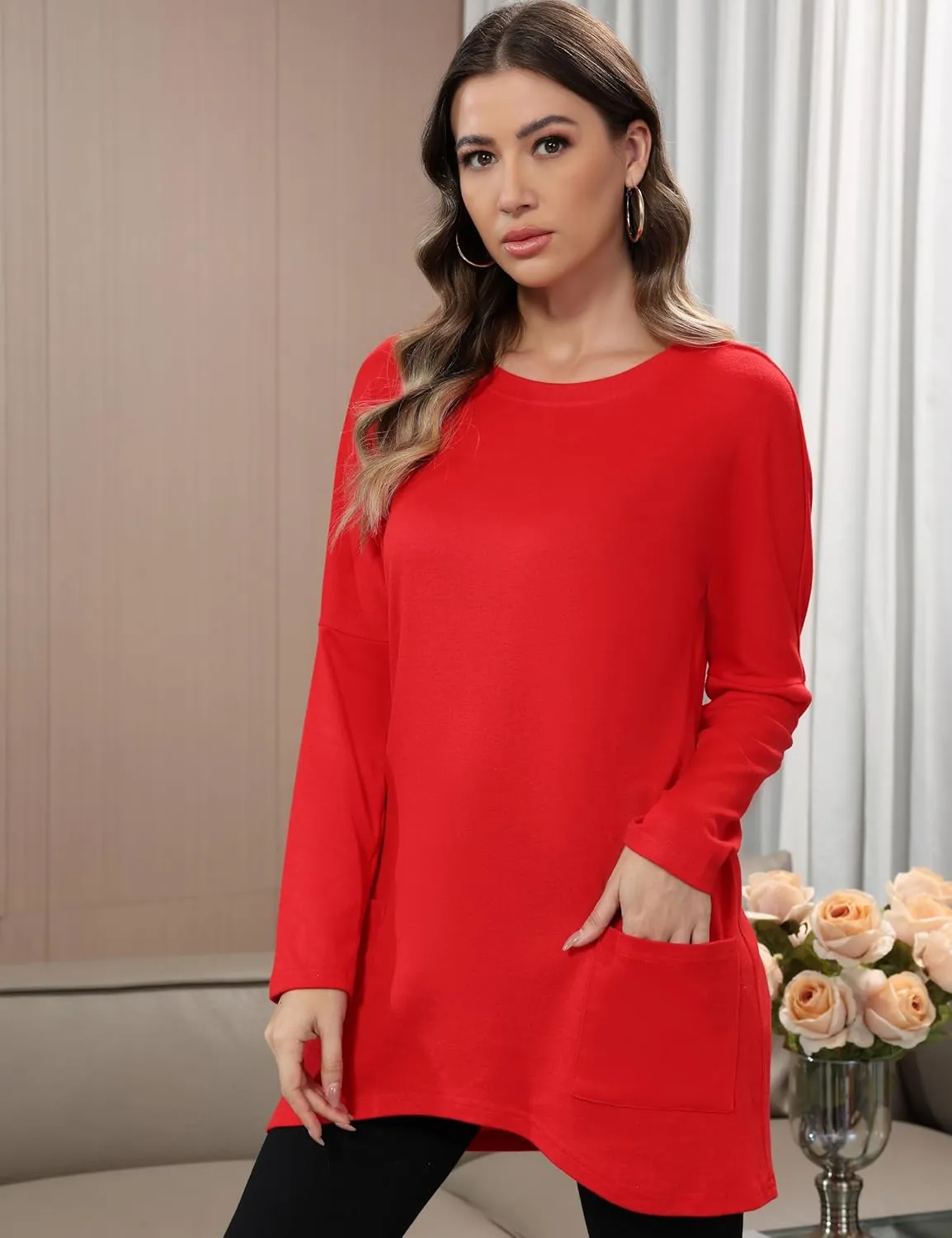 Aphratti Womens Long Sleeve Tunic Tops to Wear with Leggings Casual Long Shirts with Pockets