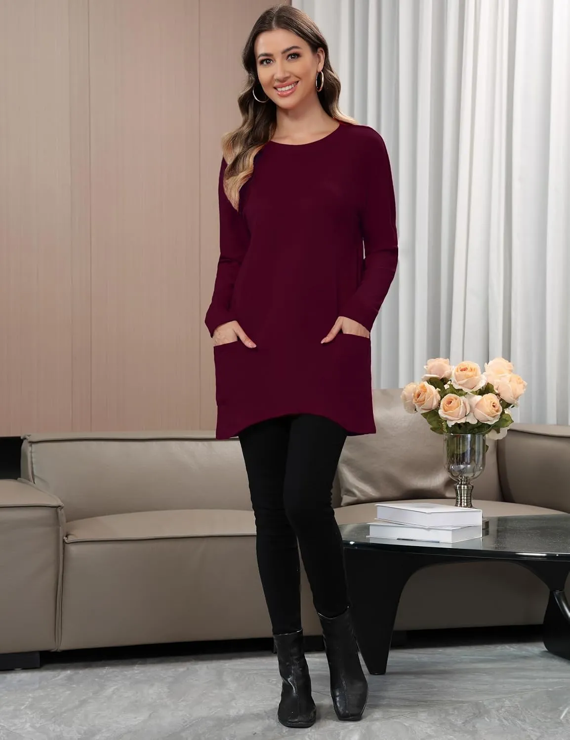 Aphratti Womens Long Sleeve Tunic Tops to Wear with Leggings Casual Long Shirts with Pockets