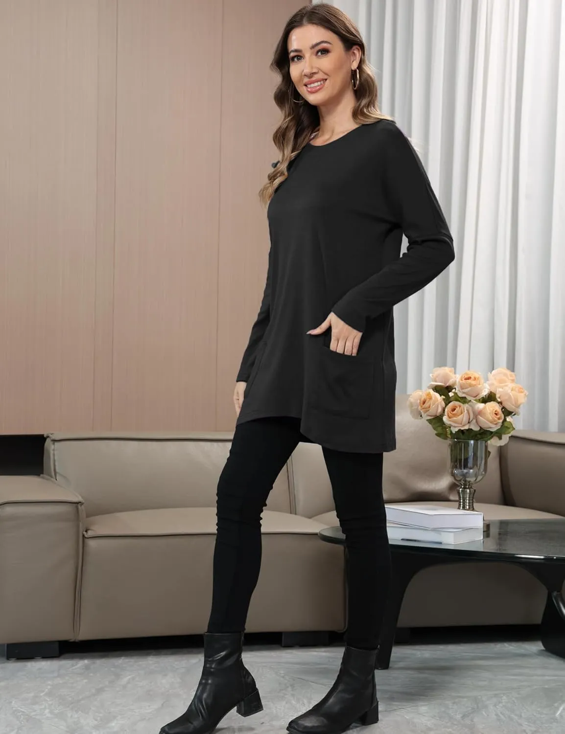Aphratti Womens Long Sleeve Tunic Tops to Wear with Leggings Casual Long Shirts with Pockets