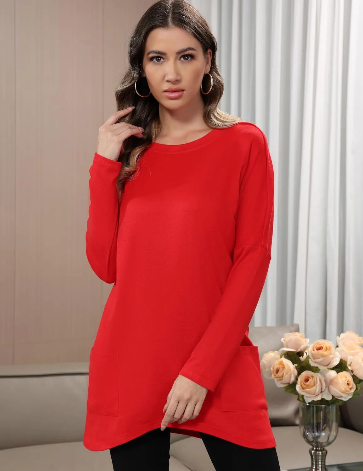 Aphratti Womens Long Sleeve Tunic Tops to Wear with Leggings Casual Long Shirts with Pockets