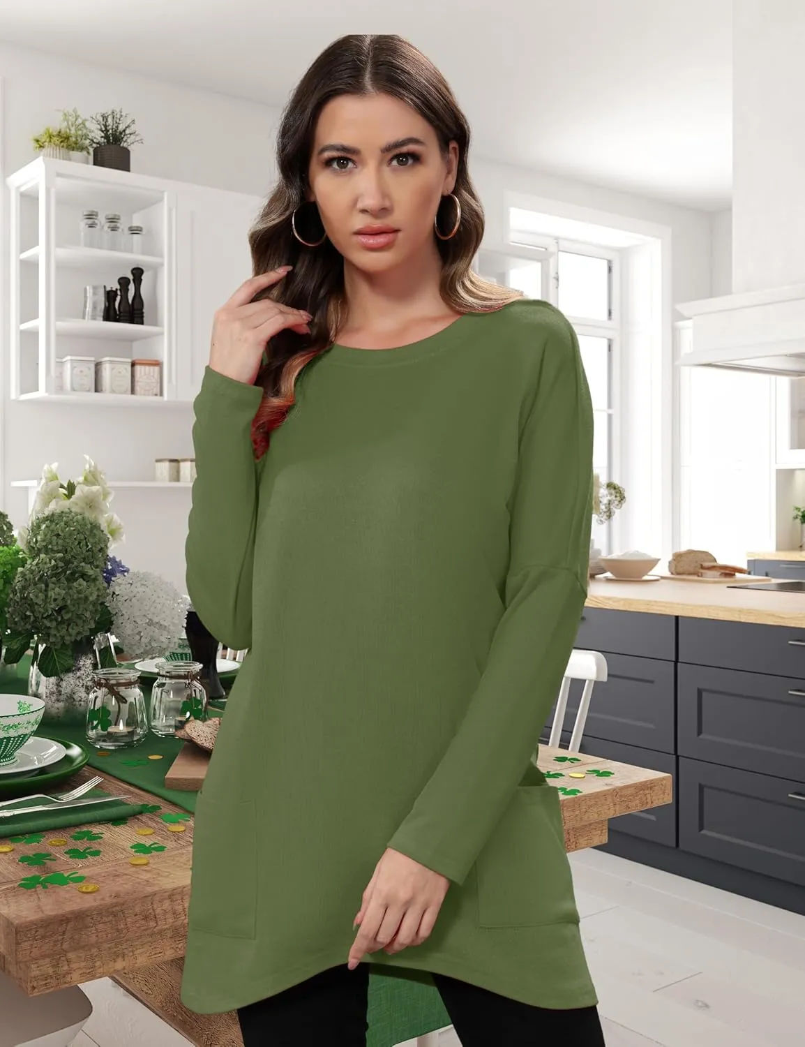 Aphratti Womens Long Sleeve Tunic Tops to Wear with Leggings Casual Long Shirts with Pockets
