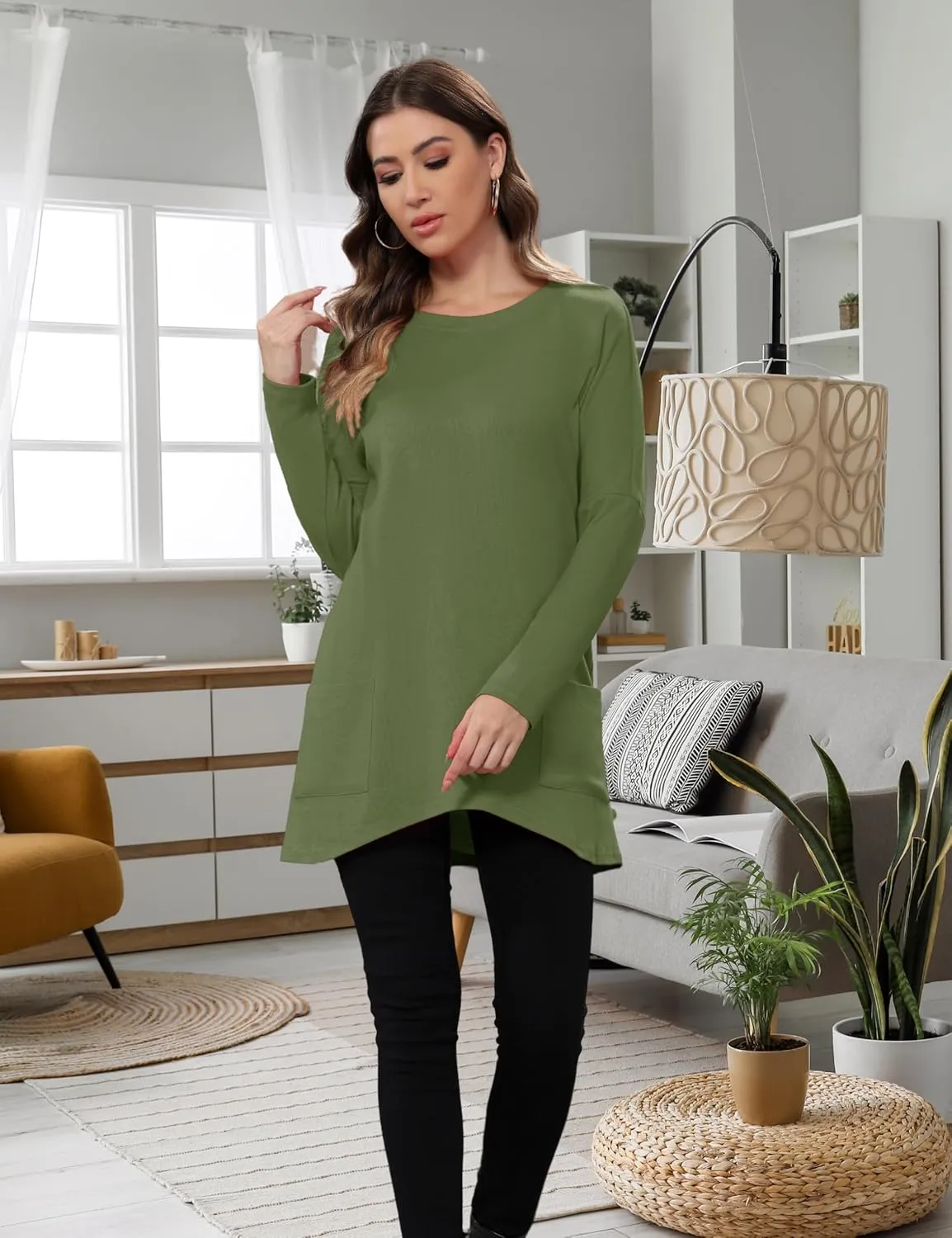 Aphratti Womens Long Sleeve Tunic Tops to Wear with Leggings Casual Long Shirts with Pockets