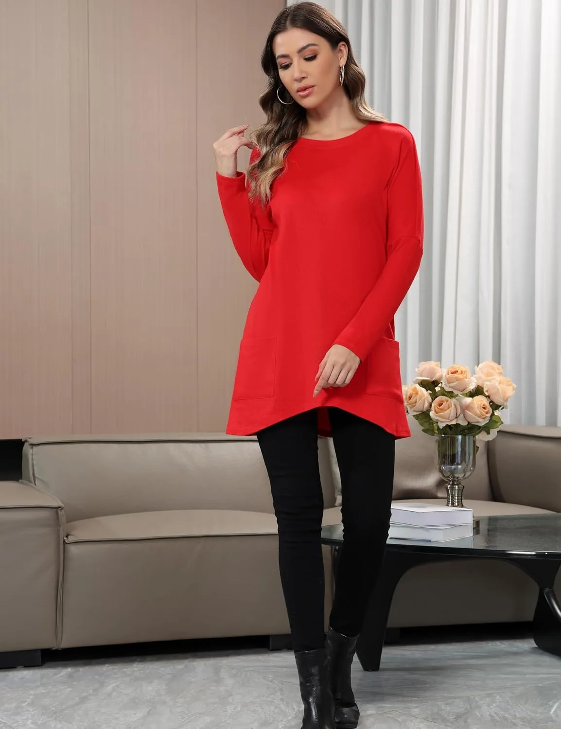Aphratti Womens Long Sleeve Tunic Tops to Wear with Leggings Casual Long Shirts with Pockets