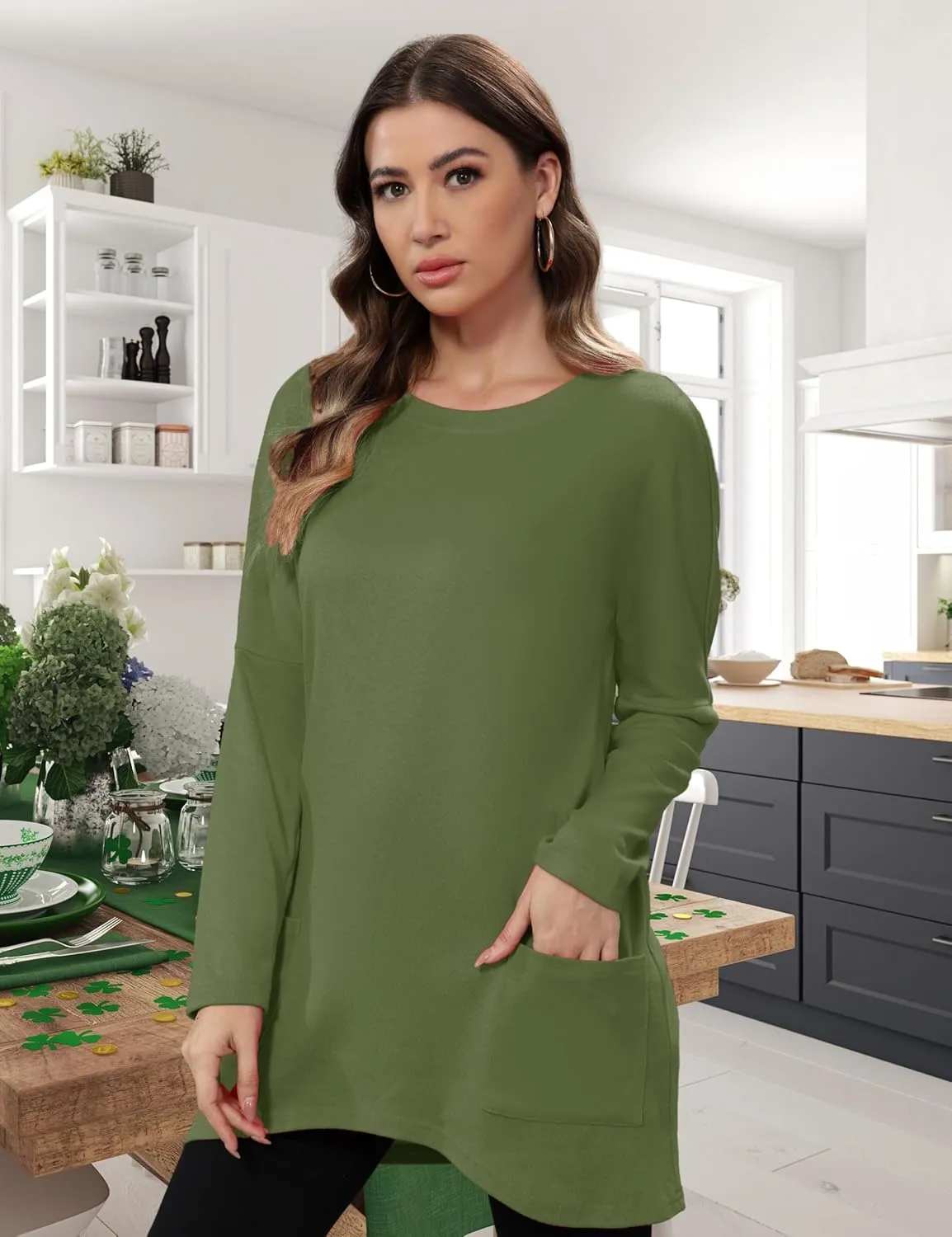 Aphratti Womens Long Sleeve Tunic Tops to Wear with Leggings Casual Long Shirts with Pockets