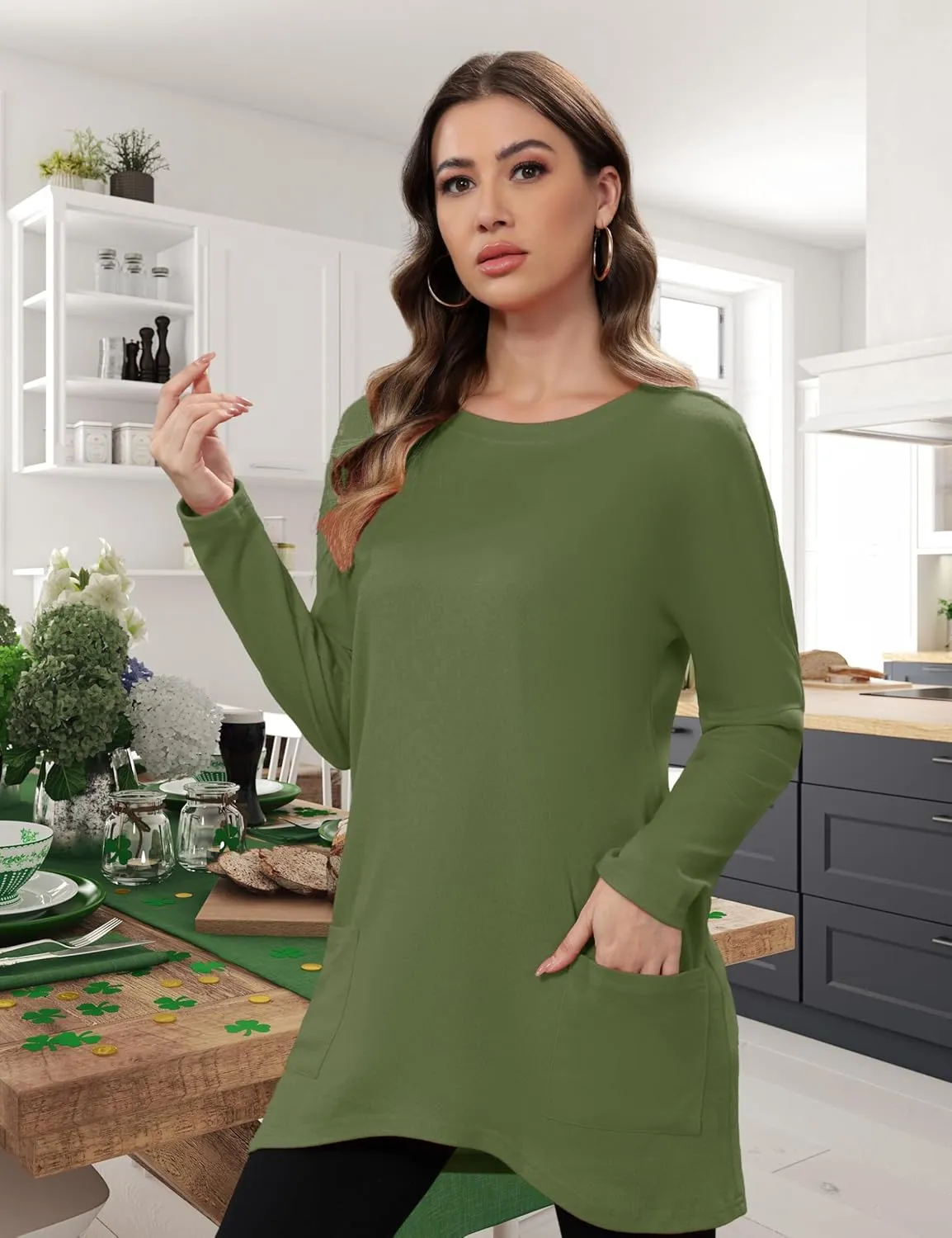 Aphratti Womens Long Sleeve Tunic Tops to Wear with Leggings Casual Long Shirts with Pockets