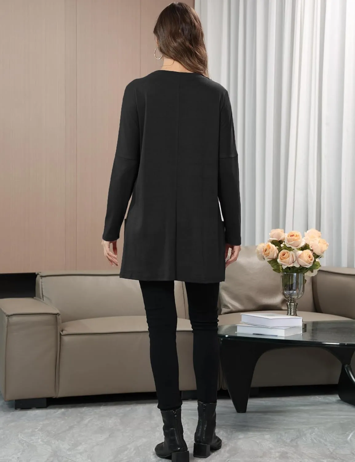 Aphratti Womens Long Sleeve Tunic Tops to Wear with Leggings Casual Long Shirts with Pockets