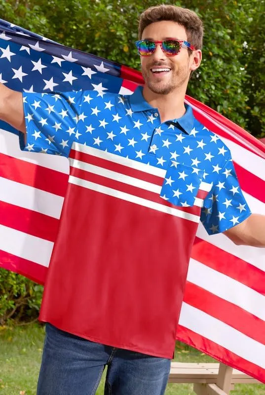 Arvilhill Men's American Flag Polo Shirt 4th of July Short Sleeve Golf Shirt