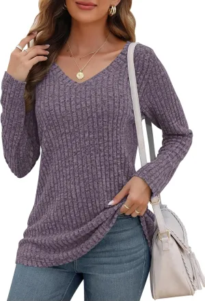 AUSELILY Womens Long Sleeve Tunic Tops Casual V Neck Lightweight Shirts Loose Sweatshirts 2025